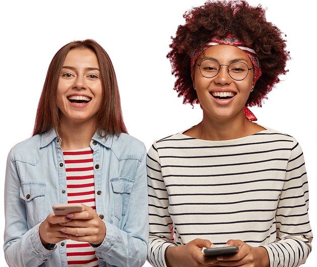 Two women with phones choosing a plan