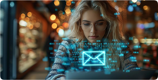 Woman working with AI technology and holographic interface